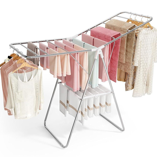APEXCHASER Clothes Drying Rack, Stainless Steel Drying Rack Clothing with Height-Adjustable, Foldable Gullwings Laundry Drying Rack, Indoor Outdoor Use, No Assembly, White
