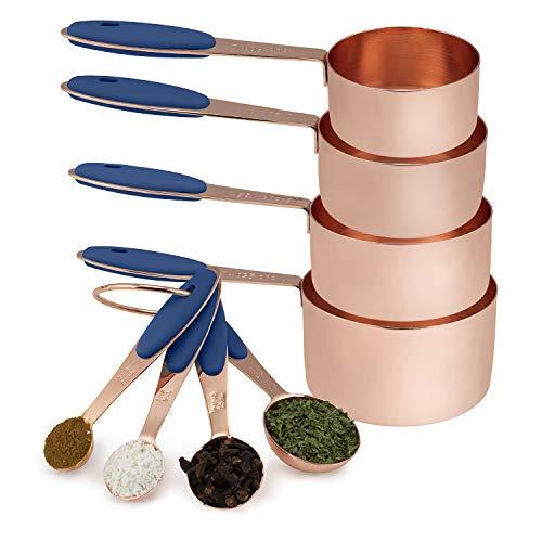 Cook with Color 8 Piece Copper Measuring Cups and Measuring Spoon Set Stainless Steel with Soft Touch Silicone Handles, Nesting Liquid Measuring Cup Set or Dry Measuring Cups Set (Navy)