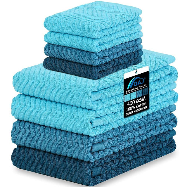 QAJ 100% Cotton Kitchen Towels and Dishcloths Set, Pack of 8 Super Absorbent 16" x 25" Kitchen Towels and 13" x 13" Dish Cloths (400 GSM)