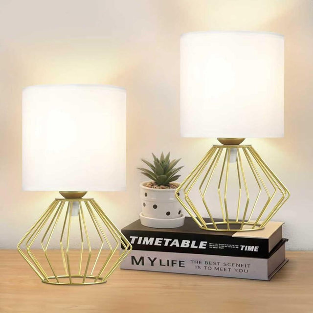 Hamilyeah Table Lamps Set of 2, Modern Bedside Lamps with White Fabric Shade, Industrial Night Stand Lamps with On/Off Switch, Gold Simple Lamp for Bedroom, Living Room