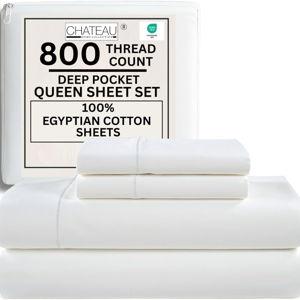 800 Thread Count Queen Sheet Set,100% Egyptian Cotton Sheets Queen Size Bed Set, Silky Sateen Weave White Sheets, Ultra-Soft Durable Hotel Luxury Bed Sheets with 15" Snug Fit Deep Pockets-White