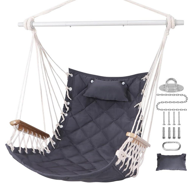 ROOITY Hammock Chair Hanging Swing with Wooden Armrests;Steel Spreader Bar,Pillows,Hardware kit Included;Cotton Woven Fabric;Up to 350 Lbs,for Indoor or Outdoor
