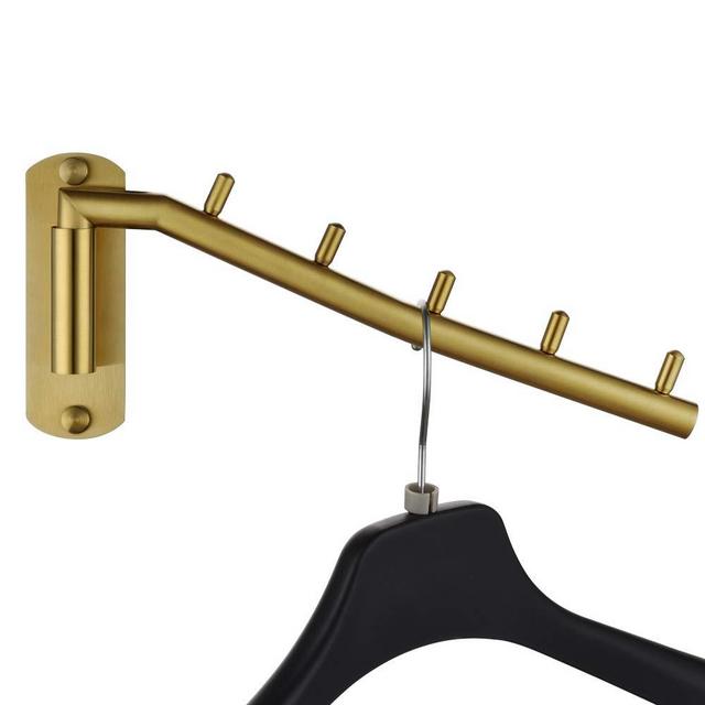 JQK Folding Clothes Hanger Rack, Stainless Steel Swing Arm Hook Holder, Clothing Hanging System Drying Closet Storage Organizer Brushed Gold Wall Mount, SHR100-BG