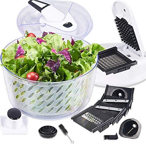 FAVIA 6 Quart Large Salad Spinner Vegetable Dryer Lettuce Drainer with Multifunctional Vegetable and Fruit Cutter Spiral Slicers 6 Interchangeable Blades BPA Free Dishwasher Safe 5.5L