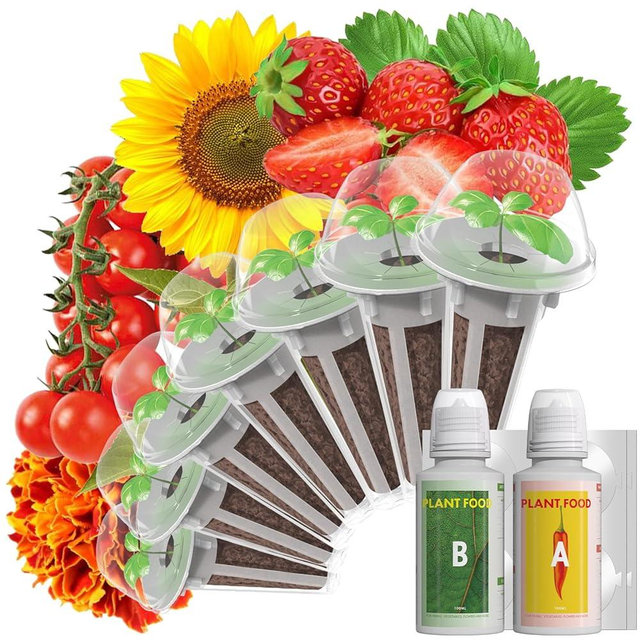 LYKOCLEAN Flower Fruit Seed Pods for AeroGarden, Ahopegarden, iDOO Hydroponics Growing System Indoor, 350 Seeds+ Including Dwarf Sunflower Bambino, Marigold, Red Tomato, Red Strawberry (7-Pods)