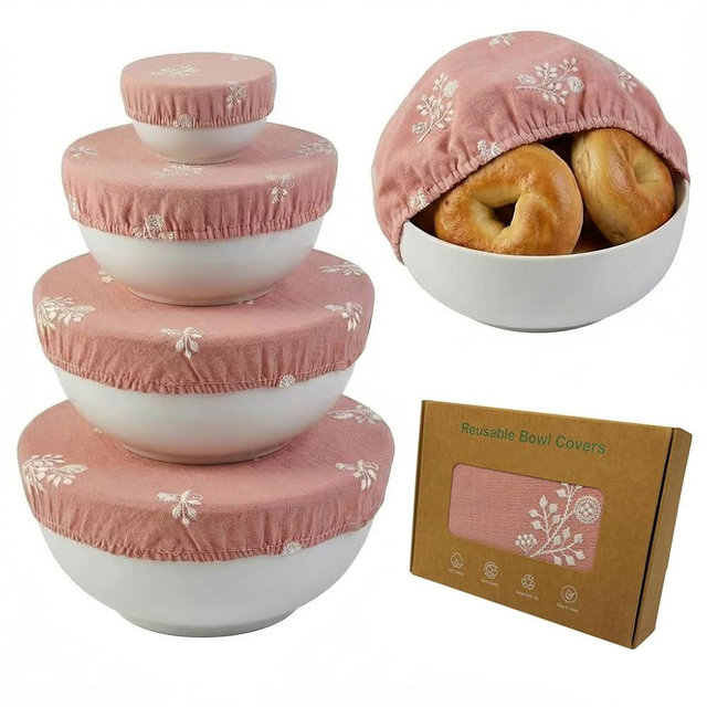 Lospara Reusable Bowl Covers for Bread Proofing (Set of 4) - Breathable Natural Cotton Sourdough Accessories - Elastic Durable Fabric Food Lids for Baking Supplies (Dusty pink)