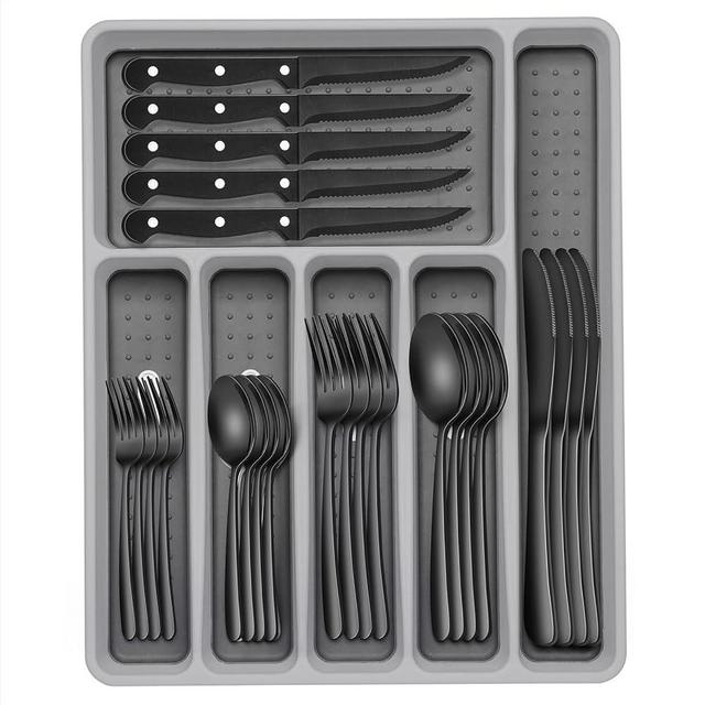 49-Piece Black Silverware Set with Organizer, Heavy Duty Stainless Steel Black Flatware for 8, Cutlery Utensil Sets with Steak Knives, Rust-proof, Mirror Polished, Dishwasher Safe