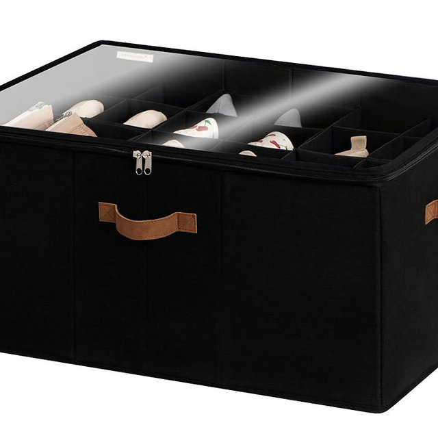 StorageWorks Shoe Organizer for Closet, Extra Large Fabric Shoe Storage Bins with Clear Cover, Adjustable Dividers for Shoe Storage, Black, 1-Pack, Fits up to 20 Pairs