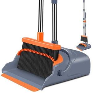 kelamayi Upgrade Broom and Dustpan Set, Self-Cleaning with Dustpan Teeth, Indoor&Outdoor Sweeping, Ideal for Dog Cat Pets Home Use, Stand Up Broom and Dustpan (Gray&Orange)