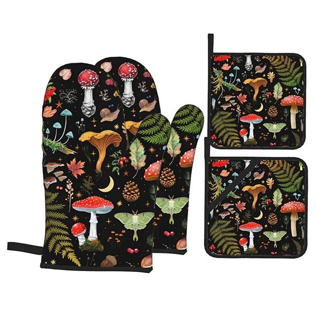 Mushroom Oven Mitts and Pot Holders Mushroom Kitchen Accessories Sets of 4,Resistant Hot Pads with Polyester Non-Slip BBQ Gloves for Kitchen,Cooking,Baking,Grilling