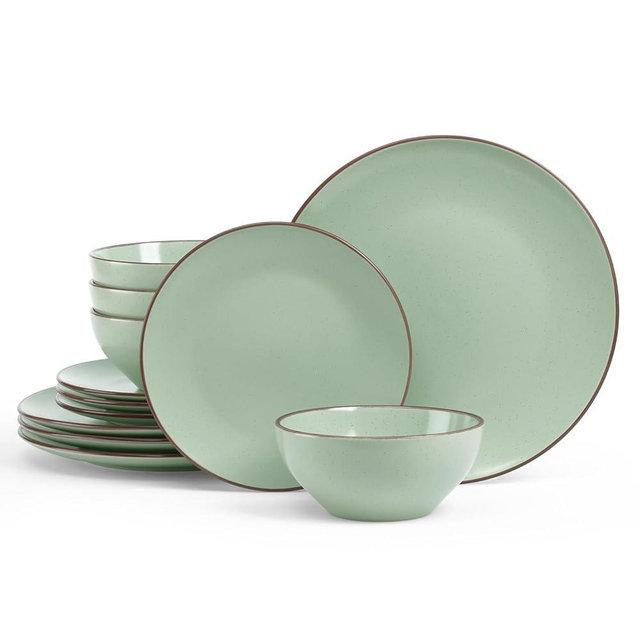Famiware Venus Plates and Bowls Sets, 12 Pieces Stoneware Dinnerware Sets, Dishes Set for 4, Microwave and Dishwasher Safe, Light Green