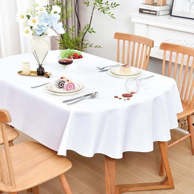 Wolkemer Farmhouse Faux Linen Oval Tablecloth 60 x 84 Inch - Water Resistant Table Cloth Washable Wipeable Table Cover for Home Kitchen Dining Wedding Party Banquet (White)