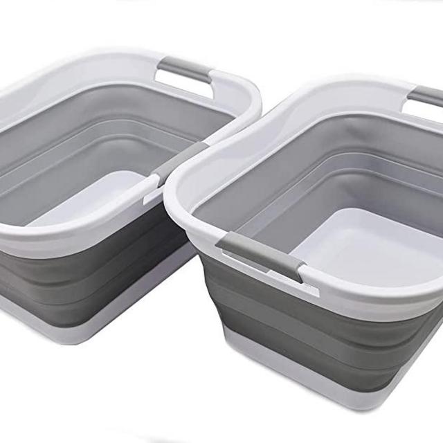 SAMMART Set of 2 - 30L (8 gallon) Collapsible Plastic Laundry Basket - Foldable Pop Up Storage Container / Organizer - Portable Washing Tub - Space Saving Hamper / Basket, Water capacity: 24L (6.3 gallon) (2, White/Grey)
