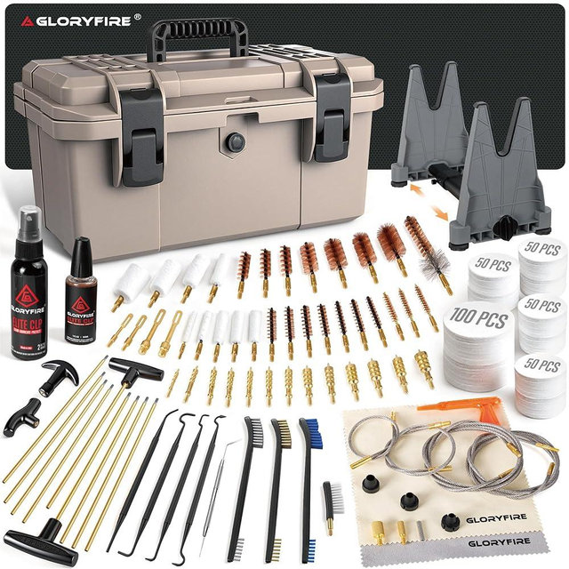 GLORYFIRE Adjustable Stand Deluxe Universal Gun Cleaning Kit - Highly Effective Cleaning Solutions for Hunting and Shooting - Portable/Compact - Brown