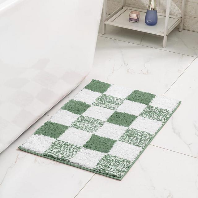CozeCube Checkered Bath mats for Bathroom Non Slip, Plush Shaggy Bath Rugs for Bathroom Washable, Buffalo Plaid Bath mat, Sage Green, 32" x 20"