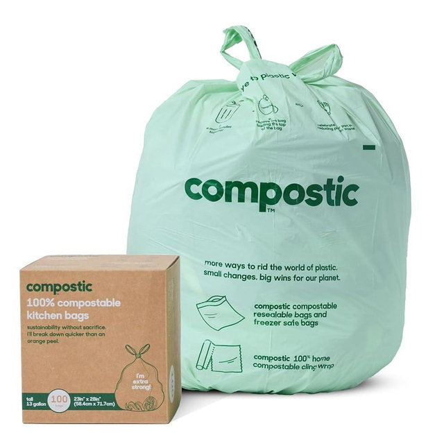 Compostic Home Compostable Trash Bags, 13 Gallon Tall Kitchen Rubbish Bags, Extra Strong & Quickly Breaks Down, 100 Count