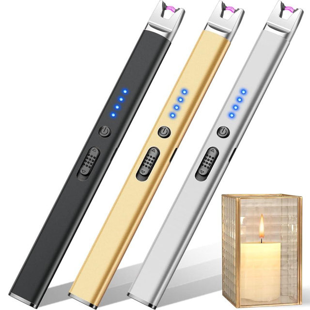 LcFun 3 Pack Candle Lighter Electric USB Rechargeable Plasma Arc Lighter with Safety Lock, Windproof Flameless Long Lighters for Candle, Grill, BBQ, Camping, Gas Stoves (Black,Silver,Gold)