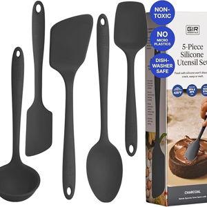 GIR 5-Piece Silicone Kitchen Utensils Set, Non-Toxic Cooking Utensils for Cooking and Baking, Heat Resistant, Food Grade, Dishwasher Safe Rubber Spatula, Ladle, Spoon - Charcoal