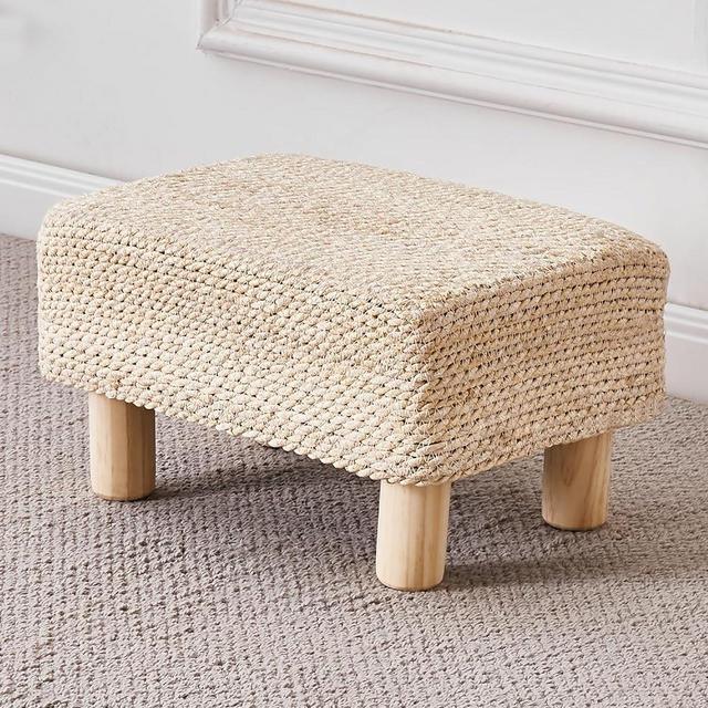 Cpintltr Foot Stool Ottoman Rectangular Footrest Pouf Ottomans Natural Seagrass Footstool with Wooden Legs Hand Weave Step Stool for Living Room Bedroom Entryway Natural White