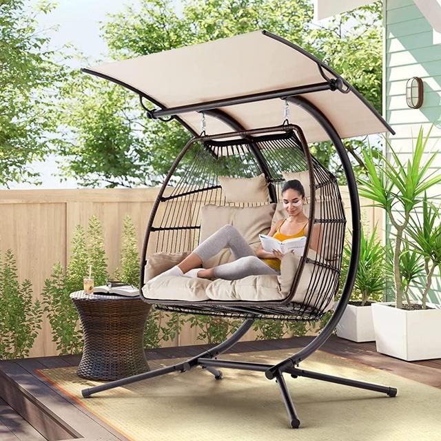 YOLENY Double Egg Chair with Stand, Foldable Hanging Chair, Hammock Chair with Cushion and Awning, Basket Hammock Nest Chair, Swinging Loveseat for Indoor Outdoor Patio, Balcony, Garden