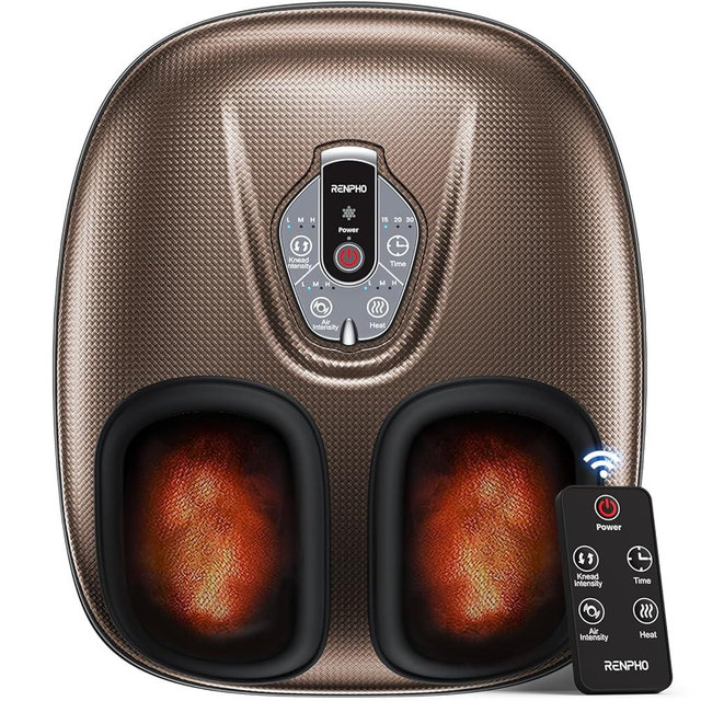 RENPHO 2025 Foot Massager Machine with Heat, Foot Massager for Plantar Fasciitis, 3 Heat Levels, Mothers Day Gifts for Women Mom Dad, Wireless Control, True Feet Massage, Up to Size 12, Brown