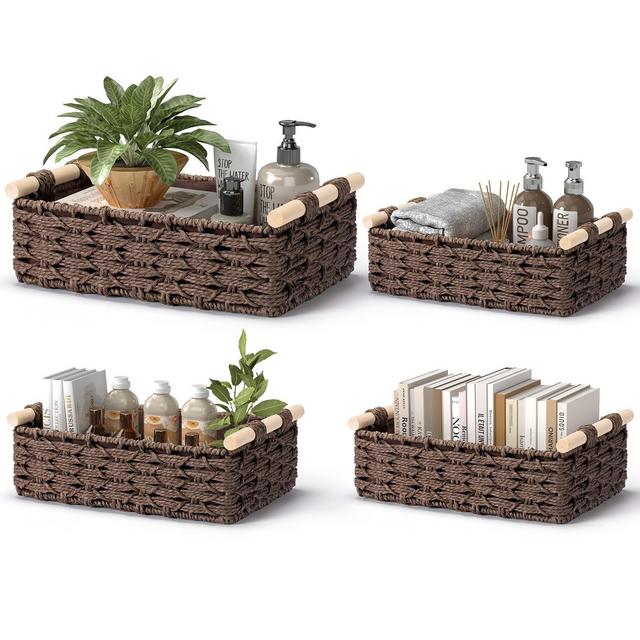 SUGIFT Wicker Storage Basket Set of 4 – Handmade Decorative Storage Bins with Handles, Small Organizer Baskets