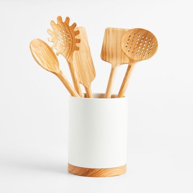 Crate & Barrel Olivewood Utensils with Holder, Set of 6