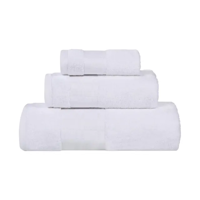 100% Cotton Medium Weight Geometric Border 3 Piece Assorted Bathroom Towel Set, White-White - Blue Nile Mills