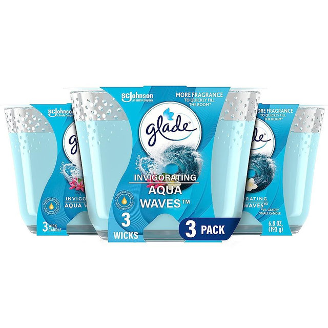 Glade Candle Aqua Waves, Fragrance Candle Infused with Essential Oils, Air Freshener Candle, 3-Wick Candle, 6.8 Oz, 3 Count