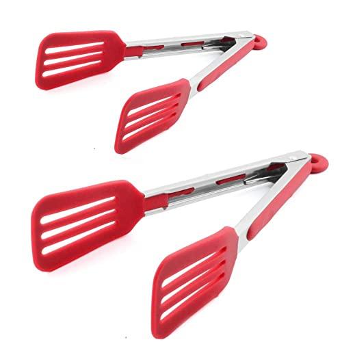 STARUBY Kitchen Tongs 9 inch and 12 inch Fish Tongs Stainless Steel Cooking Silicone Buffet Serving Tongs Heat Resistant Meat Turner Spatula Tongs with Locking Handle Joint, Red