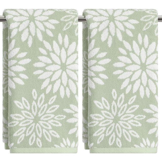 Artoid Mode 2 Pcs Beige Green Dahlia Floral Jacquard Hand Towels for Bathroom, 100% Cotton Soft Absorbent Bathroom Decor Towels, 13.7 x 29.5 Inch