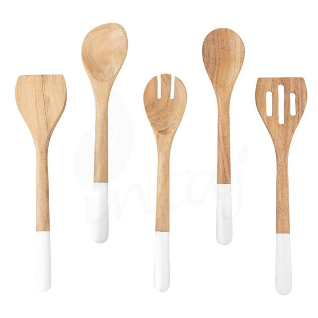 INTAJ Wooden Spoons for Cooking Set of 5 Kitchen Wood Cooking Utensils, Serving Spoons, Spaghetti Spoon, Slotted Spoon, Forks and Spoons Non-Stick - Perfect for Christmas Birthday