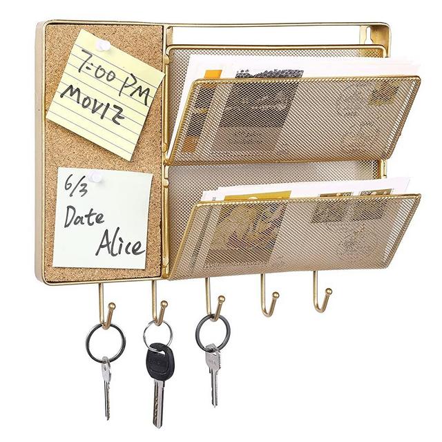 MyGift Modern Gold Metal Mesh Entryway Wall Organizer Command Center Cork Board Rack Includes 5 Key Hooks and 2 Mail Sorter Slots