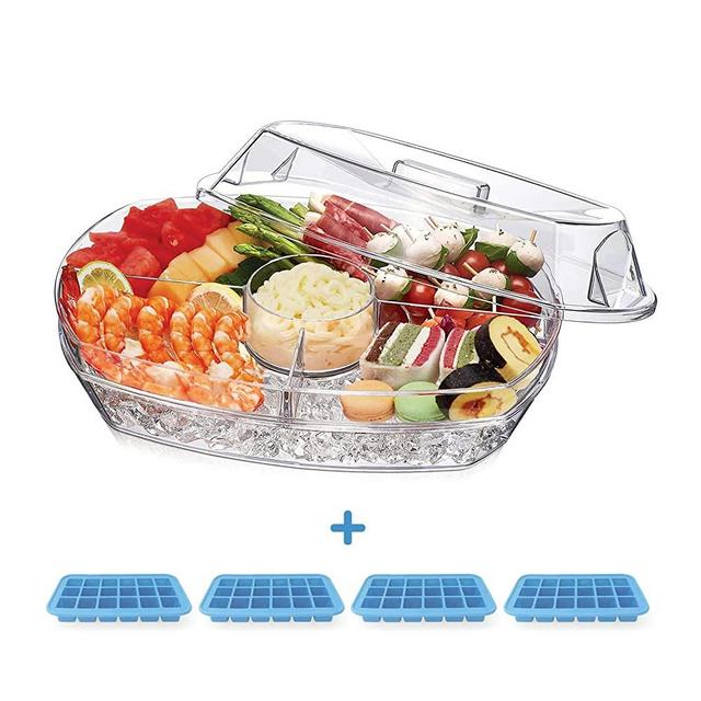 Appetizer Serving Tray on Ice, Innovative Life 15 Inch Party Platter with 4 Ice Cube Tray for Christmas, Kitchen Chilled Bowl with Compartment and Lids for Shrimp, Fruits, Vegetables, Salads，Clear