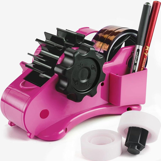 ZHAJIANG Cute Pink Heat Tape Dispenser with Pen Slot and 1"& 3" Dual-roll cores,semi-Automatic Desk 3/4" Sublimation Tape Dispenser & Cut, Designed for Office,School and Warehouse.