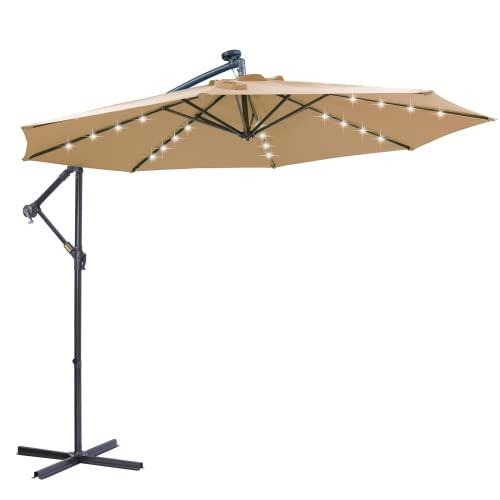 i-POOK 10FT Patio Umbrella Solar LED Patio Outdoor Umbrella with 32 Solar LED Lights, Hanging Cantilever Umbrella Offset Umbrella Large Outdoor Table Umbrella for Market Garden Backyard & Pool, Tan