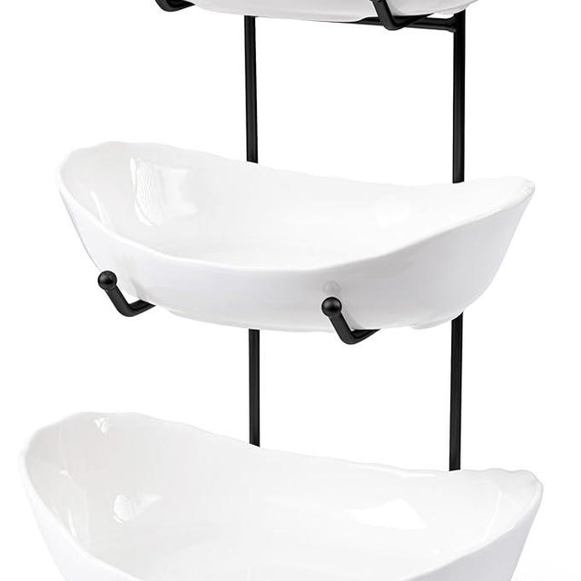 HBlife Fruit Bowl for Kitchen Counter - 3 Tier Ceramic Fruit Rack, Fruit Basket for Fresh Fruit&Veggies, Tiered Fruit Platter Serving Trays for Party
