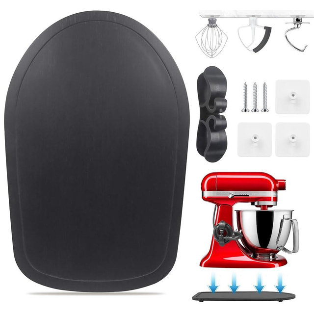 Sliding Mat for Kitchen aid 4.5-5 Qt Stand Mixer with 1Pc Cord Organizer and 3Pcs Attachment Holder for Kitchen Appliance Slider Counter, Moving Tray (Pine Wood, Black)