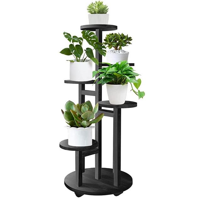 GEEBOBO 5 Tiered Tall Plant Stand for Indoor Outdoor, Wood Plant Shelf Corner Display Rack, Multi-tier Planter Pot Holder Flower Stand for Living Room Balcony Garden Patio (Black)
