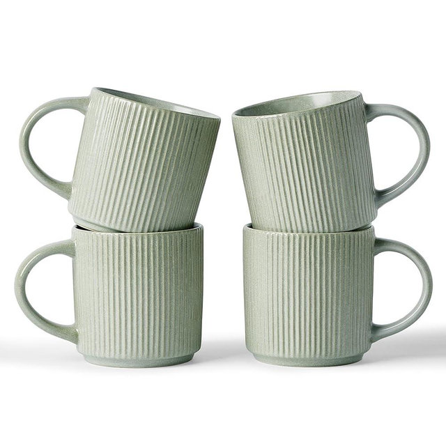 famiware Coffee Mug Set for 4, Star 12 oz Catering Mugs Cup Set with Handle for Coffee, Tea, Cocoa, Milk - Ceramic Stoneware Drinkware Set, Matte Green