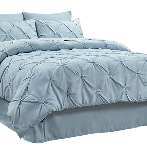 Bedsure Comforter Set Full/Queen Bed in A Bag Light-Blue 8 Pieces - 1 Pinch Pleat Comforter(88X88 inches), 2 Pillow Shams, Flat Sheet, Fitted Sheet, Bed Skirt, 2 Pillowcases