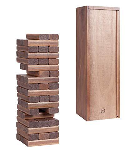 Wood Block Toppling Timbers Party Game - 12 in. Wooden Box and Die - Walnut Stain