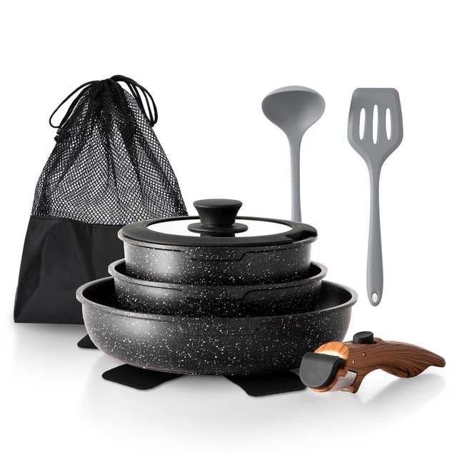 Captiva Designs 10 Pieces Nonstick Granite Black Cookware Set with Detachable Heat-Insulation Bakelite Handle for Camp