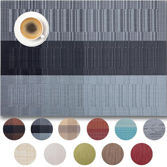 Placemats Set of 6 - Easy Clean Woven Vinyl Placemats for Dining Table, Indoor/Outdoor Place Mats, Washable PVC Table Mats （Silver Gray Black）