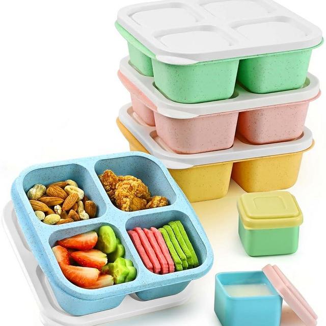 Caperci Lunchable Snack Containers - 4 Compartments Bento Snack Boxes (4 Pack) with 2 Leakproof Sauce Containers, Reusable Divided Food Containers for School, Work, Travel (Vintage Colors)