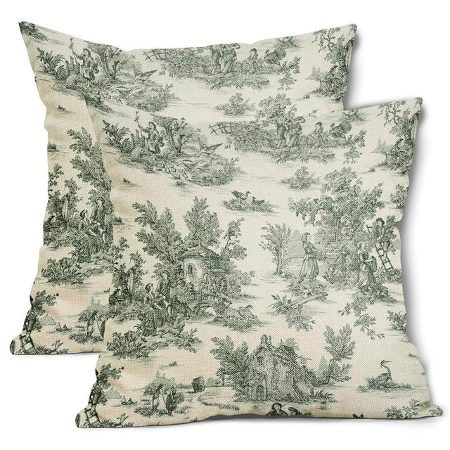 aportt French Country Pillow Cover Set of 2 18x18 Inch Vintage Toile Green Cotton Linen Polyester Decorative Throw Pillow Case Cushion Cover for Bedroom Sofa Living Room Couch Chair Office