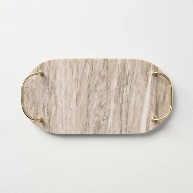 7" Marble Serving Tray with Brass Handles Warm Beige - Hearth & Hand™ with Magnolia