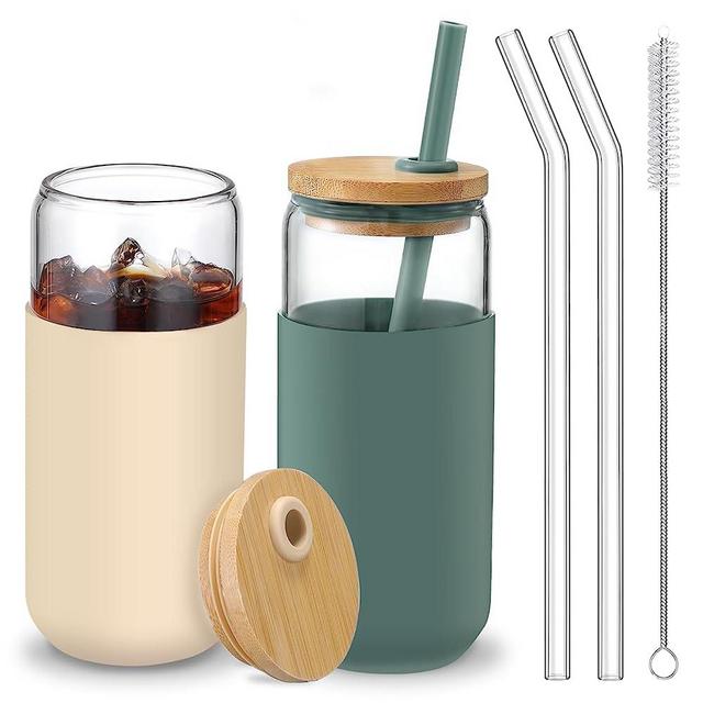 20 OZ Glass Cups with Bamboo Lids and Straws - Beer Can Shaped Drinking Glasses with Silicone Protective Sleeve Set, Iced Coffee Glasses, Cute Tumbler Cup for Water, Tea, Gift - Cambridge Blue, Amber