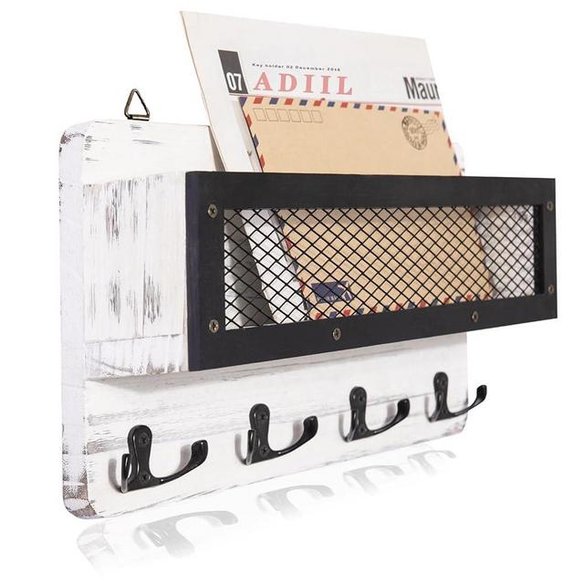 ADIIL Mail and Key Holder for Wall Decorative, Wooden Wall Key Rack Organizer with 4 Double Key Hooks, Wall Mount Key Hanger for Wall with Shelf, Rustic Home Decor for Entryway Hallway, White
