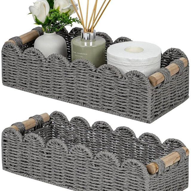 CubesLand Bathroom Basket Organizer, Toilet Tank Paper Storage Baskets 2-Pack, Scalloped Decorative Basket for Countertop w/Handle, Wicker Basket for Bathroom Decor, Home Decor, Living Room, Grey